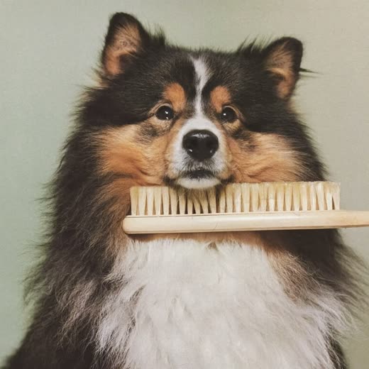 A slicker brush drawn through a thick dog coat during a de-shedding brush-out